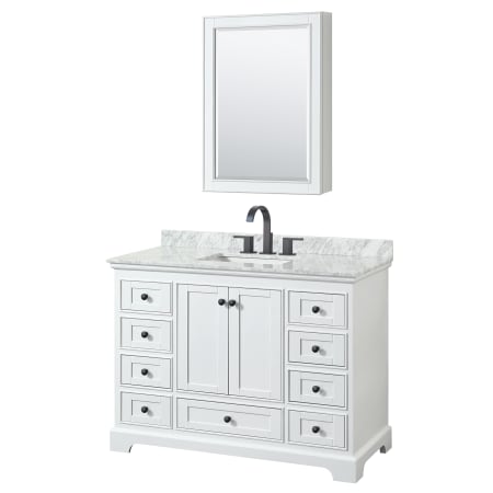 A large image of the Wyndham Collection WCS202048SCMUNSMED White / White Carrara Marble Top / Matte Black Hardware