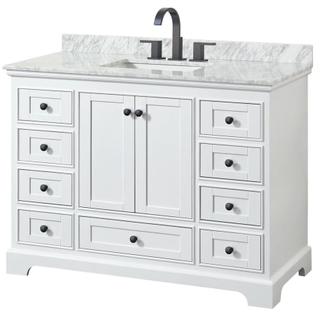 A large image of the Wyndham Collection WCS202048SCMUNSMXX White / White Carrara Marble Top / Matte Black Hardware