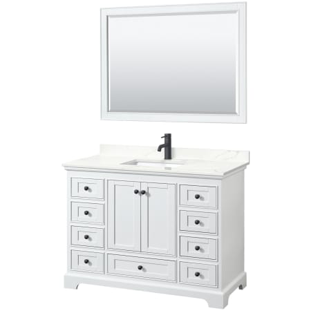 A large image of the Wyndham Collection WCS202048S-QTZ-UNSM46 White / Giotto Quartz Top / Matte Black Hardware