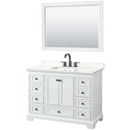 A large image of the Wyndham Collection WCS202048S-QTZ-US3M46 White / Giotto Quartz Top / Matte Black Hardware