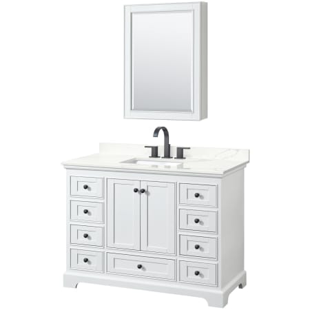 A large image of the Wyndham Collection WCS202048S-QTZ-US3MED White / Giotto Quartz Top / Matte Black Hardware