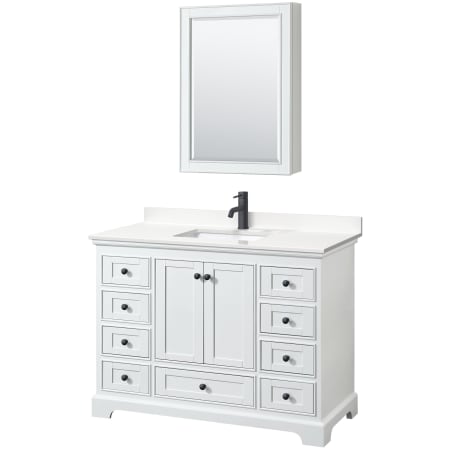 A large image of the Wyndham Collection WCS202048S-QTZ-UNSMED White / White Quartz Top / Matte Black Hardware