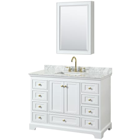 A large image of the Wyndham Collection WCS202048SCMUNSMED White / White Carrara Marble Top / Brushed Gold Hardware