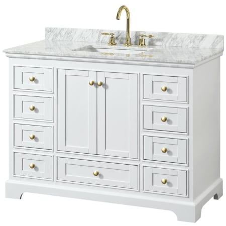 A large image of the Wyndham Collection WCS202048SCMUNSMXX White / White Carrara Marble Top / Brushed Gold Hardware