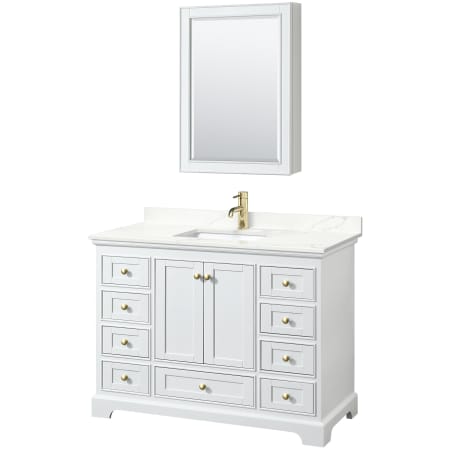 A large image of the Wyndham Collection WCS202048S-QTZ-UNSMED White / Giotto Quartz Top / Brushed Gold Hardware