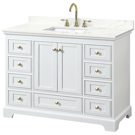 A large image of the Wyndham Collection WCS202048S-QTZ-US3MXX White / Giotto Quartz Top / Brushed Gold Hardware