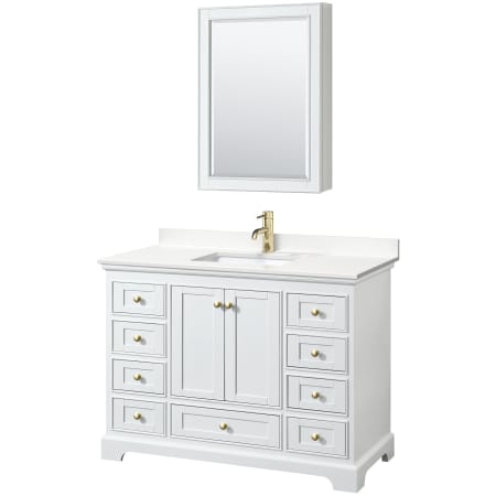 A large image of the Wyndham Collection WCS202048S-QTZ-UNSMED White / White Quartz Top / Brushed Gold Hardware