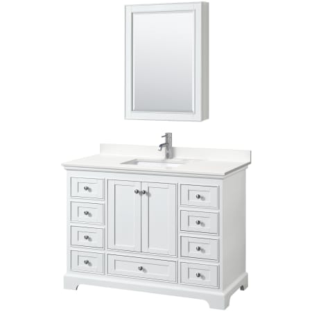 A large image of the Wyndham Collection WCS202048S-QTZ-UNSMED White / White Quartz Top / Polished Chrome Hardware