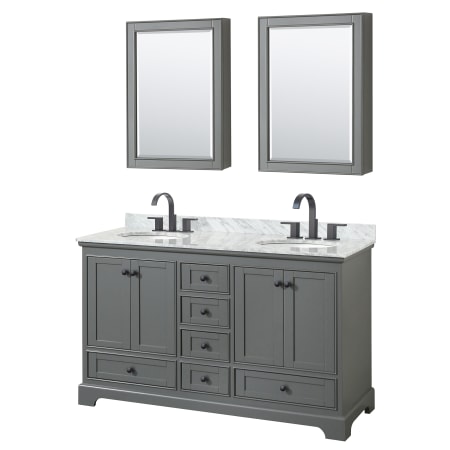 A large image of the Wyndham Collection WCS202060DCMUNOMED Dark Gray / White Carrara Marble Top / Matte Black Hardware