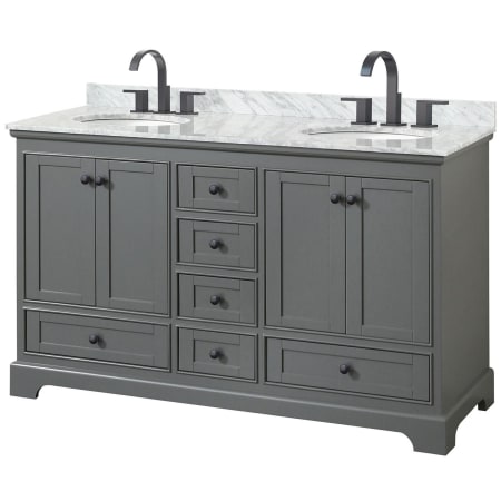 A large image of the Wyndham Collection WCS202060DCMUNOMXX Dark Gray / White Carrara Marble Top / Matte Black Hardware