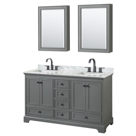 A large image of the Wyndham Collection WCS202060DCMUNSMED Dark Gray / White Carrara Marble Top / Matte Black Hardware