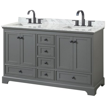 A large image of the Wyndham Collection WCS202060DCMUNSMXX Dark Gray / White Carrara Marble Top / Matte Black Hardware