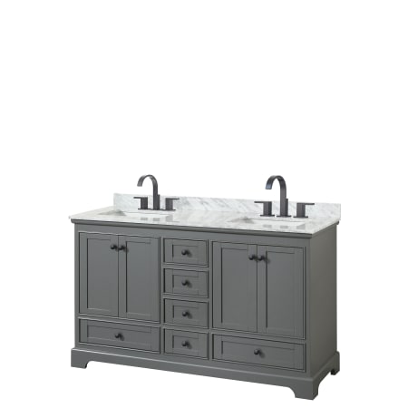 A large image of the Wyndham Collection WCS202060DCMUNSMXX Dark Gray / White Carrara Marble Top / Matte Black Hardware