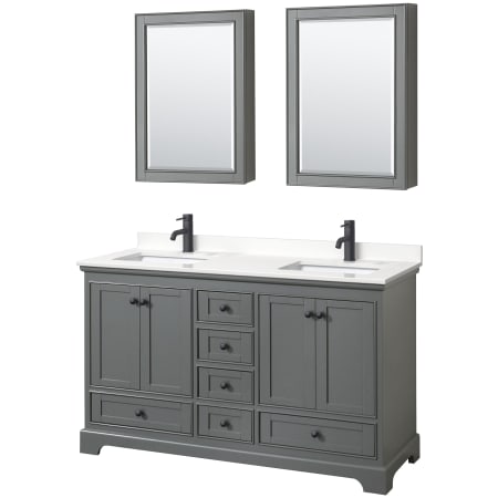 A large image of the Wyndham Collection WCS202060D-QTZ-UNSMED Dark Gray / White Quartz Top / Matte Black Hardware