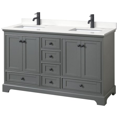 A large image of the Wyndham Collection WCS202060D-QTZ-UNSMXX Dark Gray / White Quartz Top / Matte Black Hardware