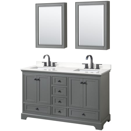 A large image of the Wyndham Collection WCS202060D-QTZ-US3MED Dark Gray / White Quartz Top / Matte Black Hardware