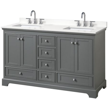 A large image of the Wyndham Collection WCS202060D-QTZ-US3MXX Dark Gray / White Quartz Top / Polished Chrome Hardware