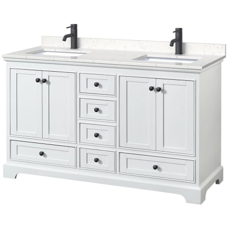 A large image of the Wyndham Collection WCS202060D-VCA-MXX White / Carrara Cultured Marble Top / Matte Black Hardware