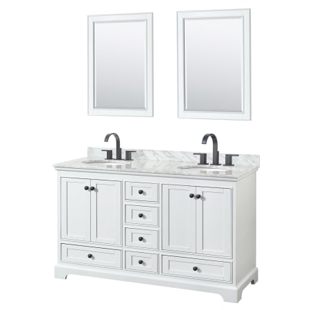 A large image of the Wyndham Collection WCS202060DCMUNOM24 White / White Carrara Marble Top / Matte Black Hardware