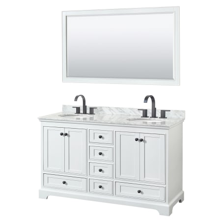 A large image of the Wyndham Collection WCS202060DCMUNOM58 White / White Carrara Marble Top / Matte Black Hardware
