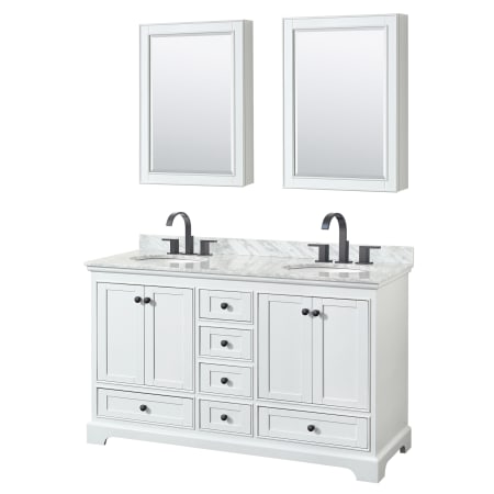 A large image of the Wyndham Collection WCS202060DCMUNOMED White / White Carrara Marble Top / Matte Black Hardware