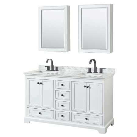 A large image of the Wyndham Collection WCS202060DCMUNSMED White / White Carrara Marble Top / Matte Black Hardware