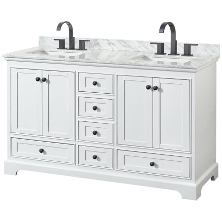 A large image of the Wyndham Collection WCS202060DCMUNSMXX White / White Carrara Marble Top / Matte Black Hardware