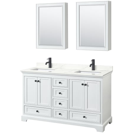 A large image of the Wyndham Collection WCS202060D-QTZ-UNSMED White / Giotto Quartz Top / Matte Black Hardware