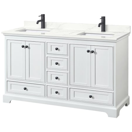 A large image of the Wyndham Collection WCS202060D-QTZ-UNSMXX White / Giotto Quartz Top / Matte Black Hardware