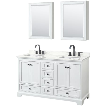 A large image of the Wyndham Collection WCS202060D-QTZ-US3MED White / Giotto Quartz Top / Matte Black Hardware