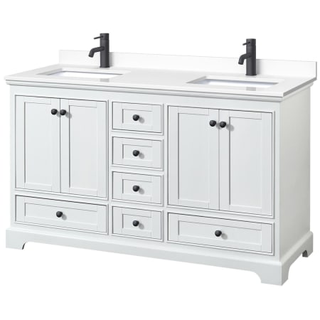A large image of the Wyndham Collection WCS202060D-VCA-MXX White / White Cultured Marble Top / Matte Black Hardware