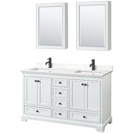 A large image of the Wyndham Collection WCS202060D-QTZ-UNSMED White / White Quartz Top / Matte Black Hardware