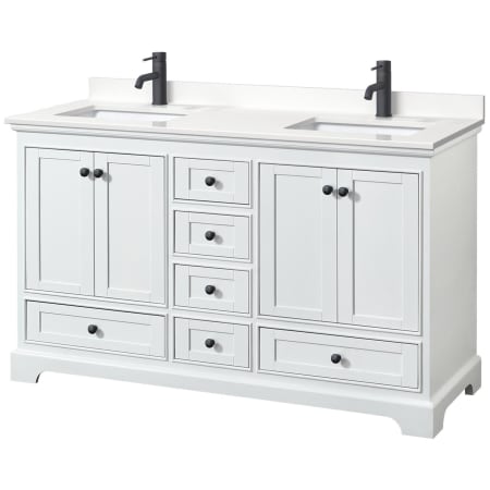 A large image of the Wyndham Collection WCS202060D-QTZ-UNSMXX White / White Quartz Top / Matte Black Hardware