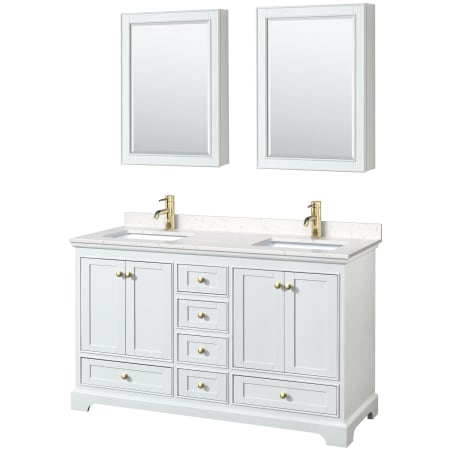 A large image of the Wyndham Collection WCS202060D-VCA-MED White / Carrara Cultured Marble Top / Brushed Gold Hardware