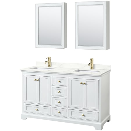 A large image of the Wyndham Collection WCS202060D-QTZ-UNSMED White / Giotto Quartz Top / Brushed Gold Hardware