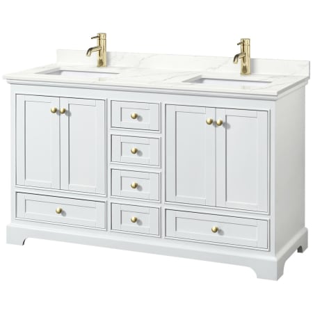 A large image of the Wyndham Collection WCS202060D-QTZ-UNSMXX White / Giotto Quartz Top / Brushed Gold Hardware