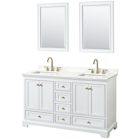 A large image of the Wyndham Collection WCS202060D-QTZ-US3M24 White / Giotto Quartz Top / Brushed Gold Hardware