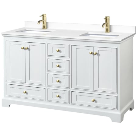 A large image of the Wyndham Collection WCS202060D-VCA-MXX White / White Cultured Marble Top / Brushed Gold Hardware