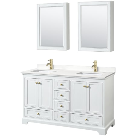 A large image of the Wyndham Collection WCS202060D-QTZ-UNSMED White / White Quartz Top / Brushed Gold Hardware