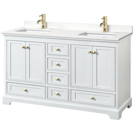 A large image of the Wyndham Collection WCS202060D-QTZ-UNSMXX White / White Quartz Top / Brushed Gold Hardware