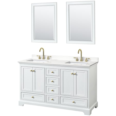 A large image of the Wyndham Collection WCS202060D-QTZ-US3M24 White / White Quartz Top / Brushed Gold Hardware