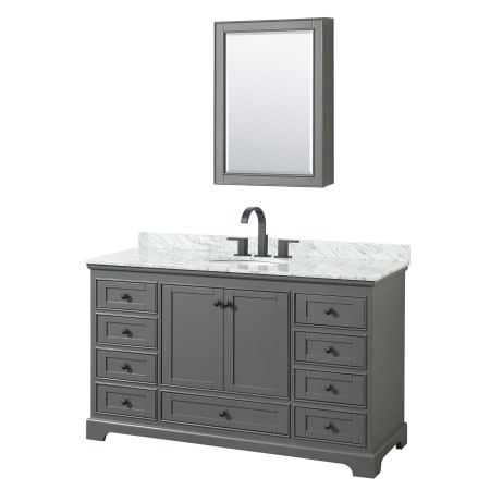 A large image of the Wyndham Collection WCS202060SCMUNOMED Dark Gray / White Carrara Marble Top / Matte Black Hardware