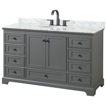 A large image of the Wyndham Collection WCS202060SCMUNOMXX Dark Gray / White Carrara Marble Top / Matte Black Hardware