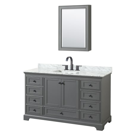 A large image of the Wyndham Collection WCS202060SCMUNSMED Dark Gray / White Carrara Marble Top / Matte Black Hardware