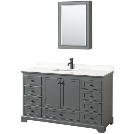 A large image of the Wyndham Collection WCS202060S-QTZ-UNSMED Dark Gray / White Quartz Top / Matte Black Hardware