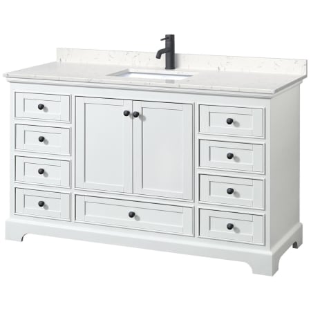 A large image of the Wyndham Collection WCS202060S-VCA-MXX White / Carrara Cultured Marble Top / Matte Black Hardware