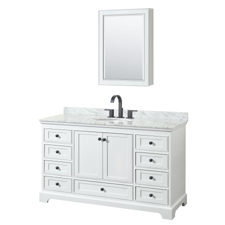 A large image of the Wyndham Collection WCS202060SCMUNOMED White / White Carrara Marble Top / Matte Black Hardware