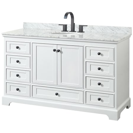 A large image of the Wyndham Collection WCS202060SCMUNOMXX White / White Carrara Marble Top / Matte Black Hardware