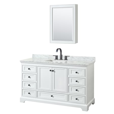 A large image of the Wyndham Collection WCS202060SCMUNSMED White / White Carrara Marble Top / Matte Black Hardware