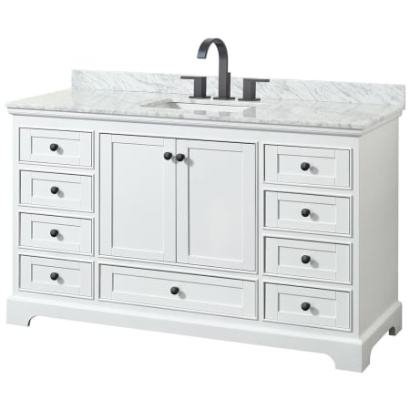 A large image of the Wyndham Collection WCS202060SCMUNSMXX White / White Carrara Marble Top / Matte Black Hardware